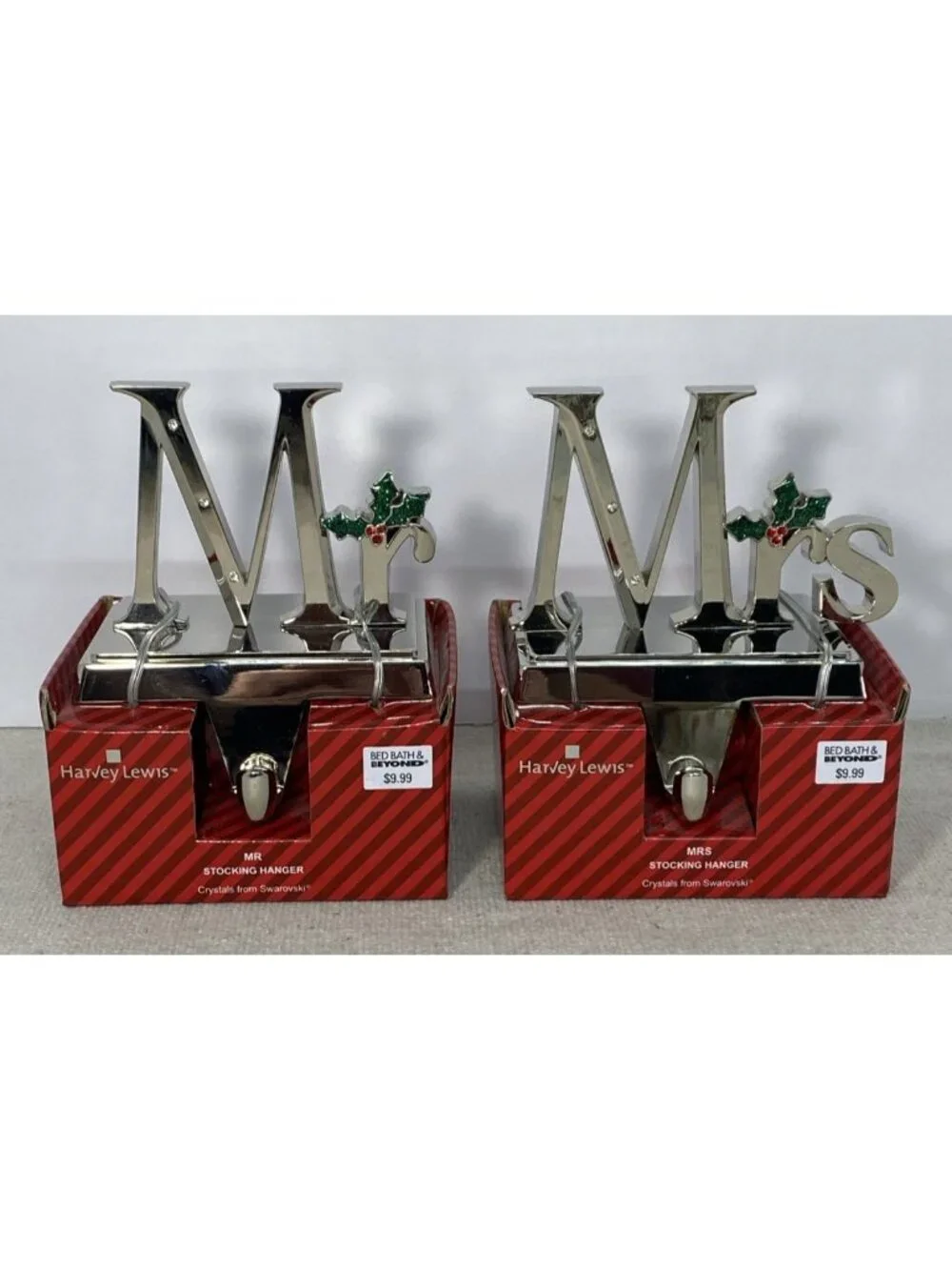 Mr.& Mrs. Stocking Holder Silver Tone w/ Swarovski Crystal Accents Harvey Lewis - Picture 1 of 5